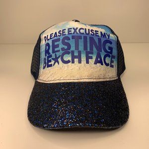 Beach Cap with plastic front mesh back snapback W/ Black & Blue Glitter Brim.NEW